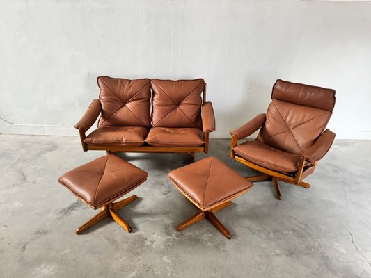 Teak & Leather Armchair, Sofa & Ottoman by Söda Galvano, 1960s, Set of 4-EBP-2016660