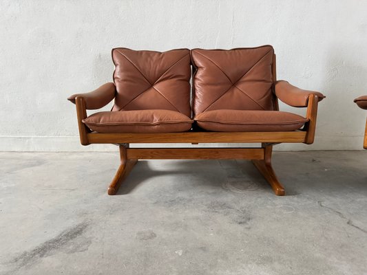 Teak & Leather Armchair, Sofa & Ottoman by Söda Galvano, 1960s, Set of 4-EBP-2016660