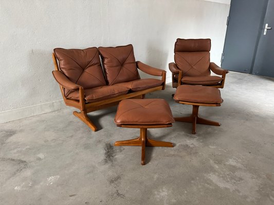 Teak & Leather Armchair, Sofa & Ottoman by Söda Galvano, 1960s, Set of 4-EBP-2016660