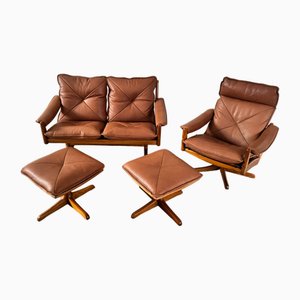 Teak & Leather Armchair, Sofa & Ottoman by Söda Galvano, 1960s, Set of 4-EBP-2016660