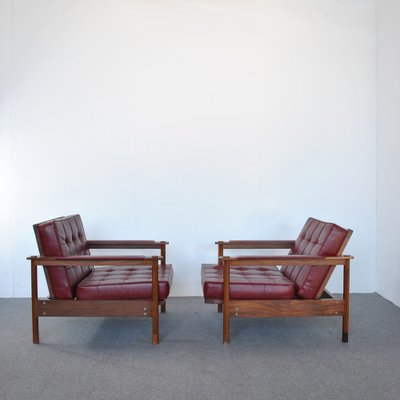 Teak Leather Armchairs by Georges Coslin for 3V Arredamenti Padova, 1960s, Set of 2-JQO-1104613