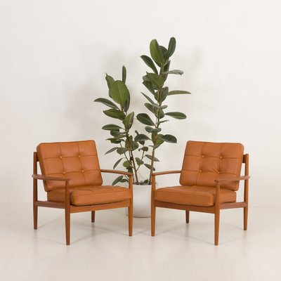 Teak Lounge Chairs in Aniline Cognac Leather for Cado by Grete Jalk, Denmark, 1960s, Set of 2-UE-2035001