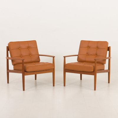 Teak Lounge Chairs in Aniline Cognac Leather for Cado by Grete Jalk, Denmark, 1960s, Set of 2-UE-2035001