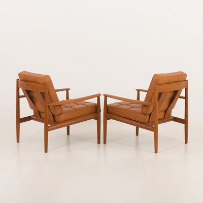 Teak Lounge Chairs in Aniline Cognac Leather for Cado by Grete Jalk, Denmark, 1960s, Set of 2-UE-2035001