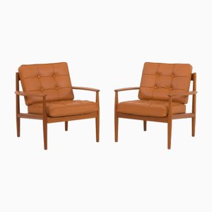 Teak Lounge Chairs in Aniline Cognac Leather for Cado by Grete Jalk, Denmark, 1960s, Set of 2-UE-2035001