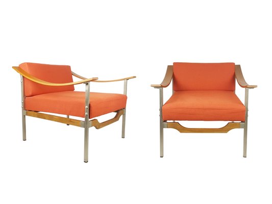 Teak, Metal & Coral Fabric Armchairs, 1960s, Set of 2-RD-1718131