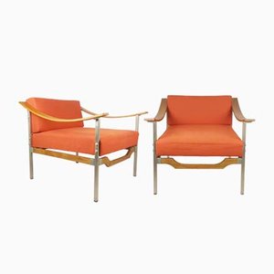 Teak, Metal & Coral Fabric Armchairs, 1960s, Set of 2-RD-1718131