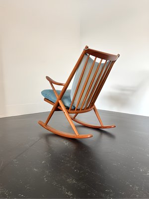 Teak Rocking Chair with Mohair Velvet Cover in Ice Blue by Frank Reenskaug for Bramin, Denmark, 1960s-OHY-2034470