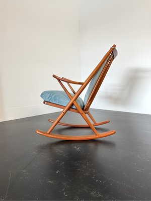 Teak Rocking Chair with Mohair Velvet Cover in Ice Blue by Frank Reenskaug for Bramin, Denmark, 1960s-OHY-2034470