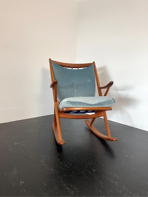 Teak Rocking Chair with Mohair Velvet Cover in Ice Blue by Frank Reenskaug for Bramin, Denmark, 1960s-OHY-2034470