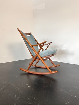 Teak Rocking Chair with Mohair Velvet Cover in Ice Blue by Frank Reenskaug for Bramin, Denmark, 1960s-OHY-2034470