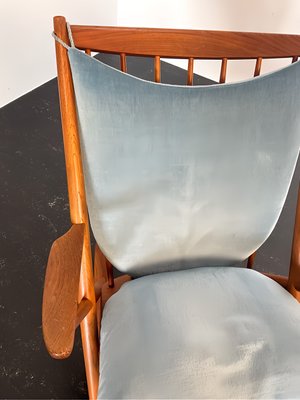 Teak Rocking Chair with Mohair Velvet Cover in Ice Blue by Frank Reenskaug for Bramin, Denmark, 1960s-OHY-2034470