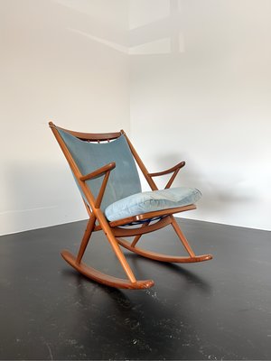 Teak Rocking Chair with Mohair Velvet Cover in Ice Blue by Frank Reenskaug for Bramin, Denmark, 1960s-OHY-2034470