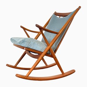 Teak Rocking Chair with Mohair Velvet Cover in Ice Blue by Frank Reenskaug for Bramin, Denmark, 1960s-OHY-2034470