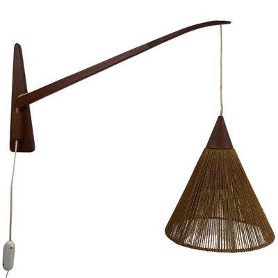 Teak Sisal and Brass Arc Swing Wall Lamps attributed to Temde, Switzerland, 1960s, Set of 2-BHG-1397006