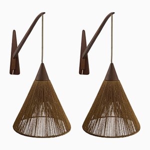 Teak Sisal and Brass Arc Swing Wall Lamps attributed to Temde, Switzerland, 1960s, Set of 2-BHG-1397006