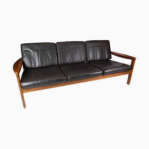 Teak Three Seater Sofa Upholstered with Black Leather by Arne Vodder for Komfort-UY-911727