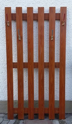 Teak Wall Rack with Brass & Colored Plastic Hooks, 1970s-HOI-868763