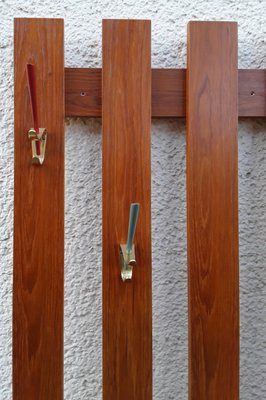 Teak Wall Rack with Brass & Colored Plastic Hooks, 1970s-HOI-868763