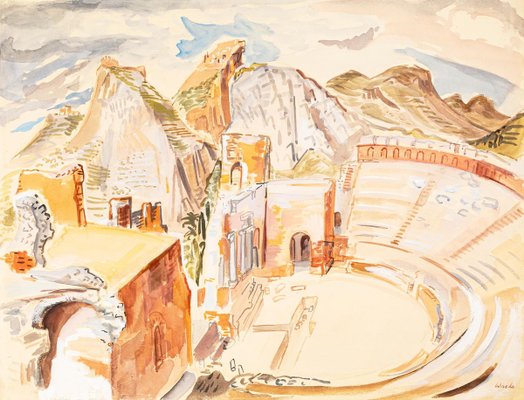 The Ancient Theater - Watercolor on Paper by M.E. Wrede - Mid 20th Century Mid 20th Century-ZCI-760745