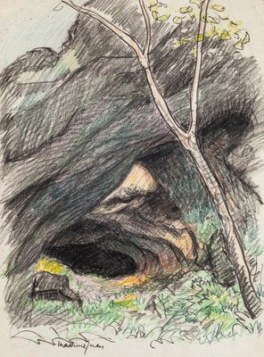 The Cave - Pencil and Pastel Drawing by M. Juan - Late 20th Century Late 20th Century-ZCI-758072