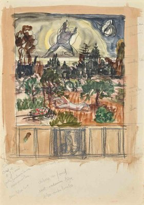 The Garden of Eden, Original Drawing in Pencil & Watercolor, Early 20th-Century-ZCI-1264853