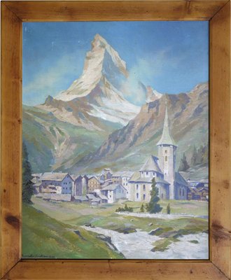 The Matterhorn and Zermatt, 1938, Oil on Cardboard, Framed-BGS-1077919