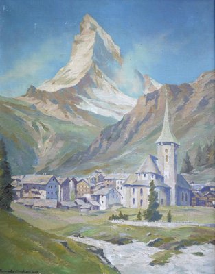 The Matterhorn and Zermatt, 1938, Oil on Cardboard, Framed-BGS-1077919