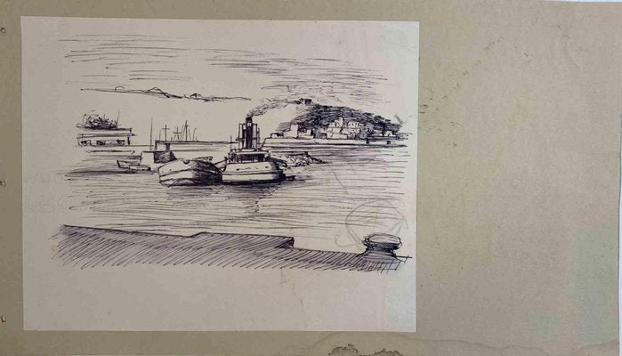 The Port, Original Pen and Pencil Drawing, Mid-20th Century-ZCI-990814