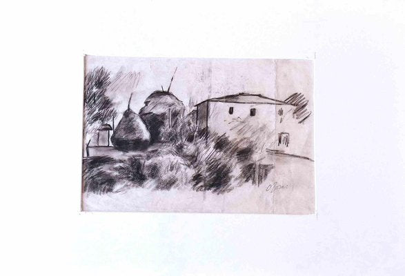 The Village, Original Drawing in Charcoal, Mid-20th Century-ZCI-1162794