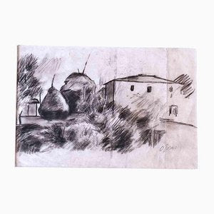 The Village, Original Drawing in Charcoal, Mid-20th Century-ZCI-1162794