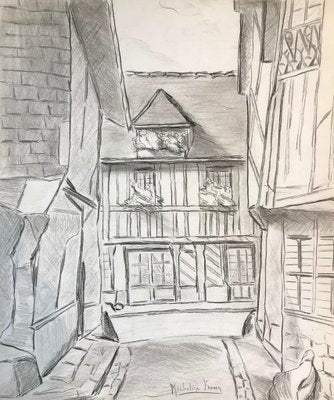 The Village - Original Pencil Drawing on Paper by M. Frouin Mid 1900-ZCI-755077