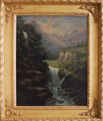 The Waterfall, English School, Italy, Oil on Canvas, Framed-YUW-1299387