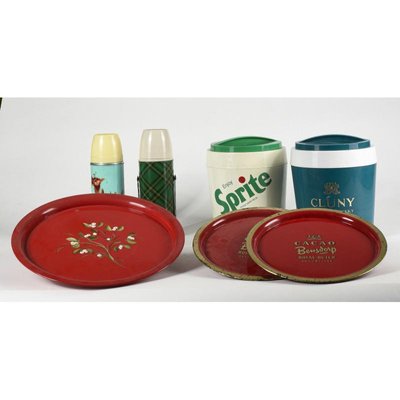 Thermos, Trays & Plastic Advertising Ice Buckets, Italy, 1980s, Set of 7-RAQ-779296