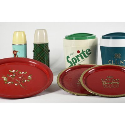 Thermos, Trays & Plastic Advertising Ice Buckets, Italy, 1980s, Set of 7-RAQ-779296