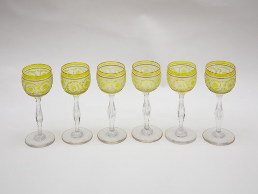 Thistle Engraving Green Wine Glasses, France, 1910s, Set of 6-KL-1769271