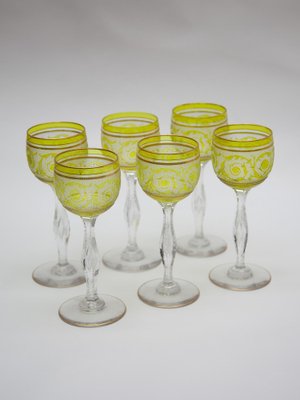 Thistle Engraving Green Wine Glasses, France, 1910s, Set of 6-KL-1769271