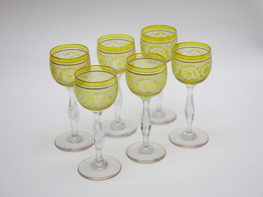 Thistle Engraving Green Wine Glasses, France, 1910s, Set of 6-KL-1769271