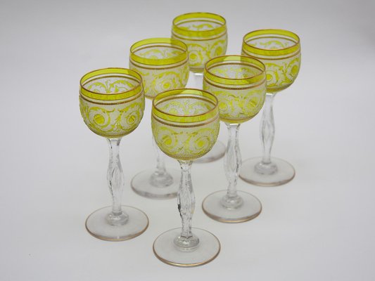 Thistle Engraving Green Wine Glasses, France, 1910s, Set of 6-KL-1769271