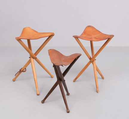 Three Folding Hunting Chairs with Leather Seats, 1960s, Set of 3-GCG-1823919