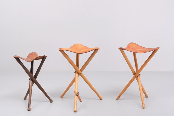 Three Folding Hunting Chairs with Leather Seats, 1960s, Set of 3-GCG-1823919