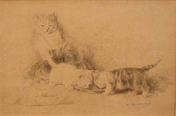 Three Little Cats - Original China Ink Drawing by L.-E- Lambert - 1890 ca. 1890 ca-ZCI-756189