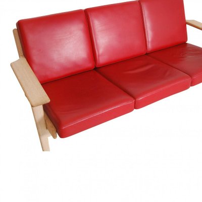 Three-Personers Sofa in Red Leather and Oak Frame by Hans J. Wegner for Getama-MTD-1400742