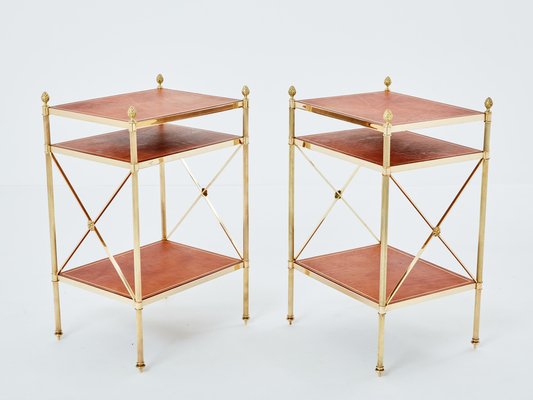 Three-Tier Side Tables in Brass & Brown Leather from Maison Jansen, 1970s, Set of 2-YJA-1787032