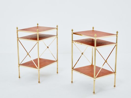 Three-Tier Side Tables in Brass & Brown Leather from Maison Jansen, 1970s, Set of 2-YJA-1787032