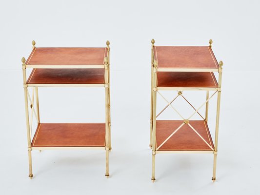 Three-Tier Side Tables in Brass & Brown Leather from Maison Jansen, 1970s, Set of 2-YJA-1787032