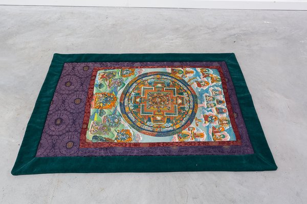 Tibetan Thangkas in Painted Fabric Framed in Silk and Velvet, 1950s, Set of 2-UJE-665879