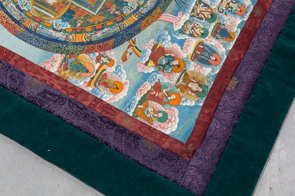 Tibetan Thangkas in Painted Fabric Framed in Silk and Velvet, 1950s, Set of 2-UJE-665879