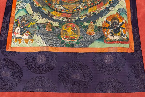 Tibetan Thangkas in Painted Fabric Framed in Silk and Velvet, 1950s, Set of 2-UJE-665879