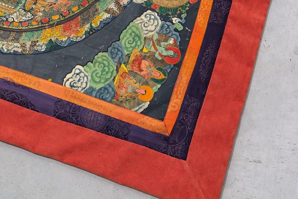 Tibetan Thangkas in Painted Fabric Framed in Silk and Velvet, 1950s, Set of 2-UJE-665879